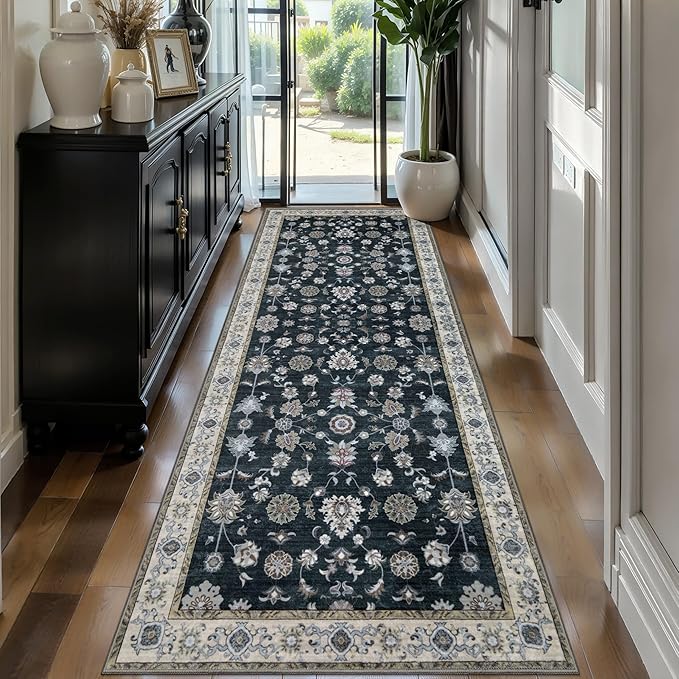 Tangsoo 2.6x10 Washable Runner Rug for Hallways, Floral Vintage Runner Rug Non Slip, Soft Low Pile Long Rug Runner, Black Carpet Runners for Kitchen Bedroom Entryway Living Room