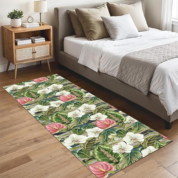 Runner Rug 2x10ft Non-Slip - Tropical Floral Watercolor Boho with Orchids & Leaves - Washable Entryway Carpet for Hallway, Bedroom, Dining Room - Green Pink Design