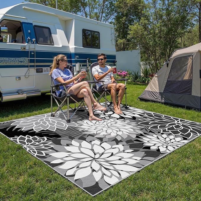 5x8 Outdoor Area Rug Washable Multicolored Patio Rug Tropical Botanical Floral Chenille Waterproof Outdoor Carpet for Living Room, Deck, Backyard, Porch, Blue