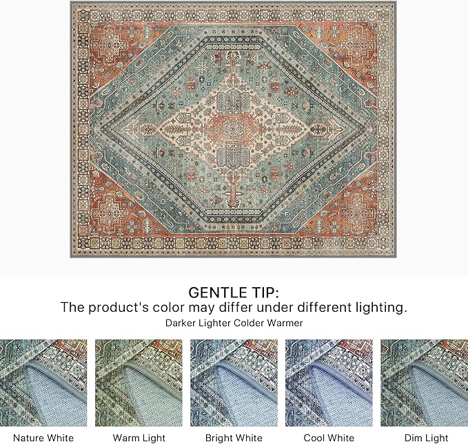 Bavni Washable Rug 8x10 Area Rug for Living Room Bedroom Dining, Washable Vintage Print Carpet, Ultra-Thin Chenille Low Pile Lightweight Rug with Non Slip Backing, Light Red/Blue