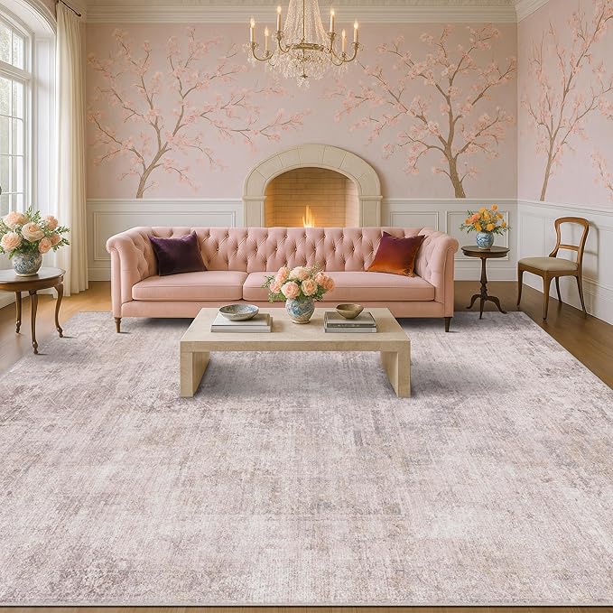 Pink and Grey Living Room Medallion Rug 7x10 - Modern Washable Area Rug for Living Room, Dinning Room, Non Slip Thin & Soft Carpet