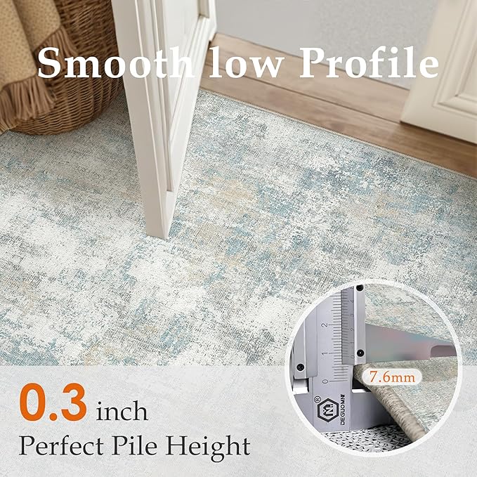 3x7 Washable Runner Rug Blue Cream Abstract Hallway Kitchen Throw Rug Neutral Modern Non Slip Soft Low Pile Lightweight Carpet for Bathroom Laundry Bedroom Living Room