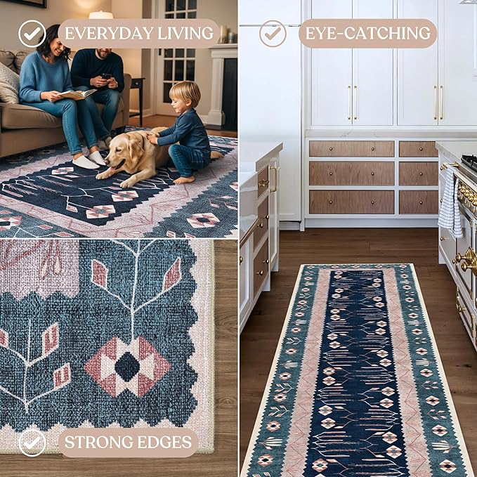 Washable Area Rug. Modern Farmhouse. Vintage. Turkish. Bohemian. Distressed. Oriental. Traditional. Rugs for Living Room. Dining. Bedroom. Office. Entryway. Foyer. (862CN, 2'5" x 6'5")