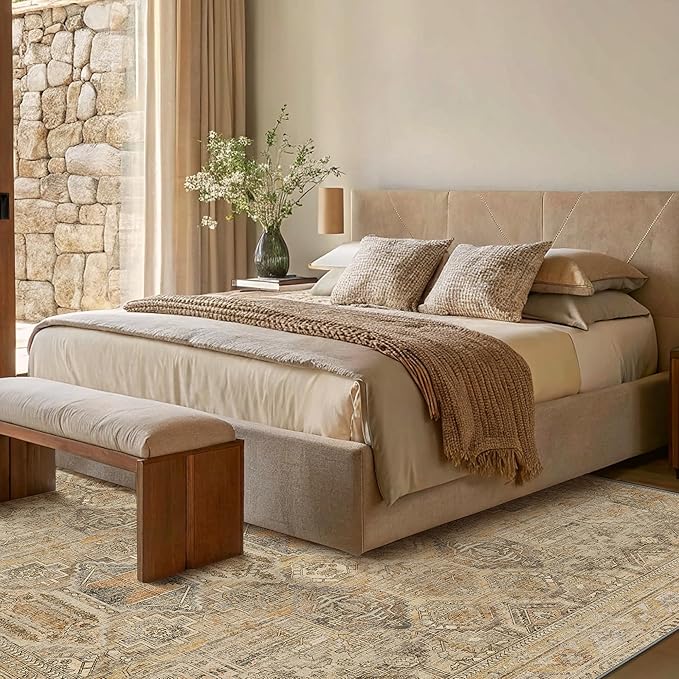 Bavni Washable Rug 6x9 Area Rug for Living Room Bedroom Dining, Washable Vintage Print Carpet, Ultra-Thin Chenille Low Pile Lightweight Rug with Non Slip Backing, Wood