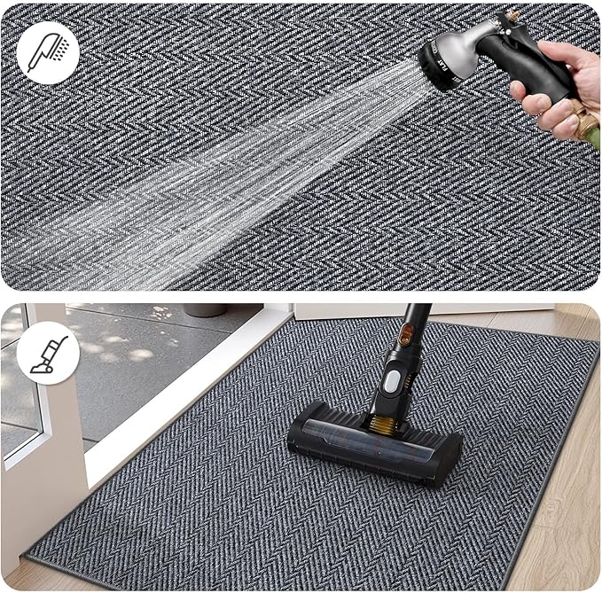 LUMI Ultra Thin Indoor Door Mat for Entrance 24"x36", Non Slip Entryway Mat, Low Profile Doormat, Unique Herringbone Design Carpet for Inside, Patio, Porch, Medium Gray