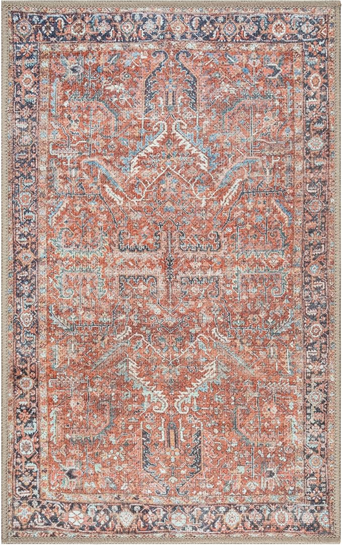 GLN Rugs Traditional Collection - Machine Washable Area Rug, Traditional Washable, Non Slip, Low Pile Chenille Rug, Living Room, Bedroom, Kitchen Rug (2' x 3' Terra/Multicolor 1168)
