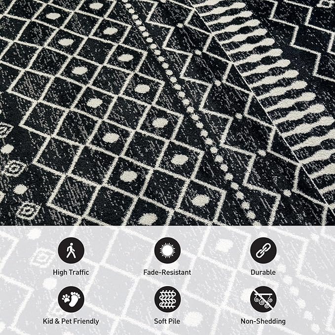 Rugshop Boho Black and White Tribal Area Rug – Geometric Diamond and Stripe Pattern Carpet for Living Room, Bedroom, or Entryway – Soft Modern Bohemian Floor Décor 2' 3" x 4' Black