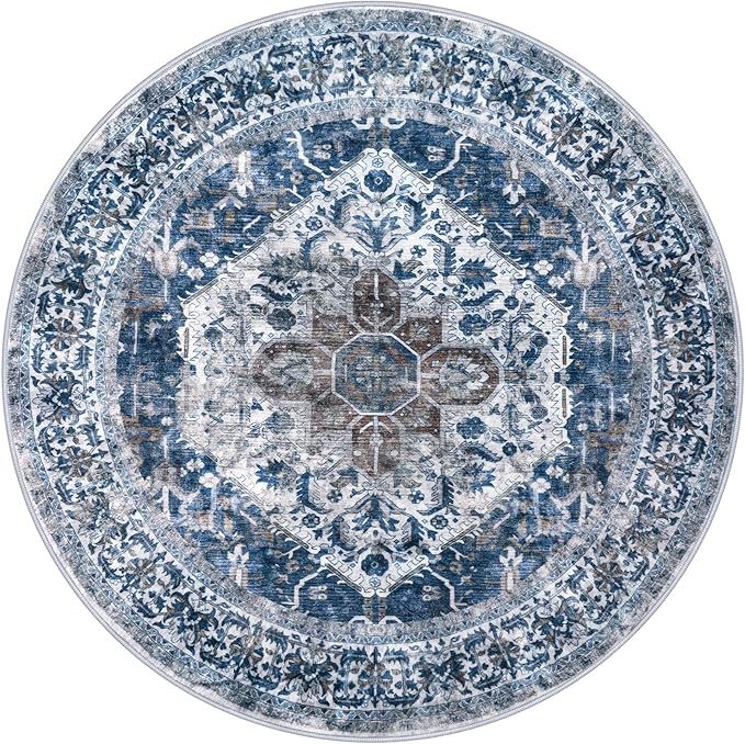 KOZYFLY Round Rug 3 Ft Rugs for Entryway Washable Circle Entrance Rug Non Slip Round Doormat Indoor Printed Faux Wool Round Front Door Mat Floor Carpet for Backdoor, Entryway, Bedroom, Blue