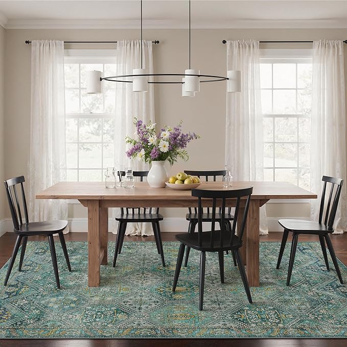 Bavni 8x10 Area Rugs for Living Room, Machine Washable Rug Non Slip, Vintage Chenille Distressed Print Carpet, Large Low Pile Ultra-Thin Lightweight Rugs for Bedroom, Dining Room, Home, Office, Cyan