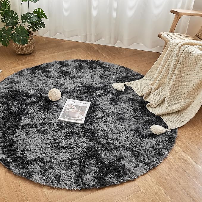 Andency Tie-Dyed Dark Grey Round Area Rug for Living Room, 5x5 ft Shag Rug for Bedroom, Fluffy Circle Carpet for Home Decor, Room, Fuzzy Plush Circular Rug for Dorm Playroom