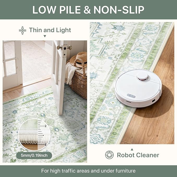 8x10 Area Rugs for Living Room, Machine Washable Non Slip Vintage Rugs, Low Pile Lightweigt Print Indoor Rug for Bedroom, Dining Room, Home Office, Cream Green