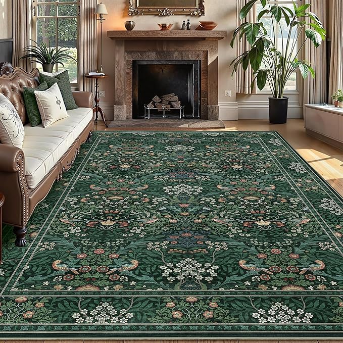5x7 Floral Washable Area Rugs for Living Room, Vintage Boho Large Rug for Bedroom Dining Room， Distressed Botanical Birds Non Slip Low Pile Forest Throw Carpet for Farmhouse Office, Bright Green