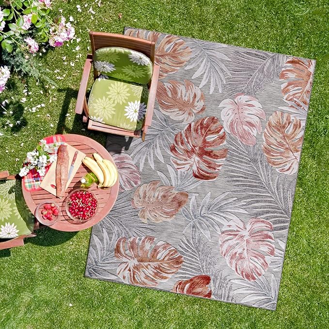 CAMILSON Indoor Outdoor Rug, Multi 7’10”x10’ Leaf Tropical Botanical Area Rugs for Indoor and Outdoor patios, Easy-Cleaning Non-Shedding Living Room, Garden and Kitchen Washable Outside Carpet (8x10)
