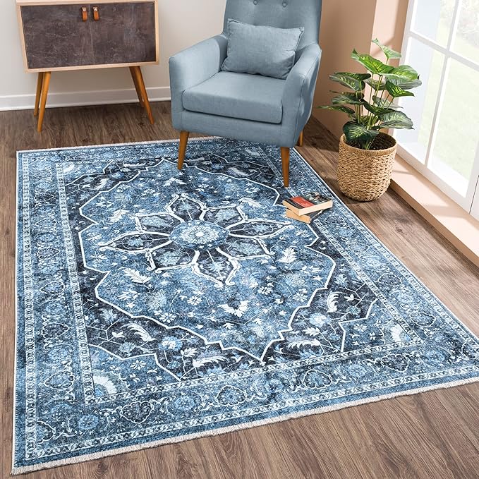 Bloom Rugs Caria Washable Non-Slip 5x7 Rug - Blue/Charcoal Traditional Area Rug for Living Room, Bedroom, Dining Room, and Kitchen - Exact Size: 5' x 7'