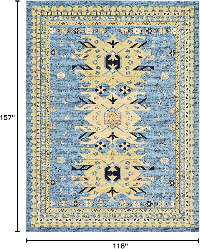 Unique Loom Taftan Collection Border Geometric Tribal Inspired Design Area Rug (9' 10 x 13' 0 Rectangular, Light Blue/ Gold)