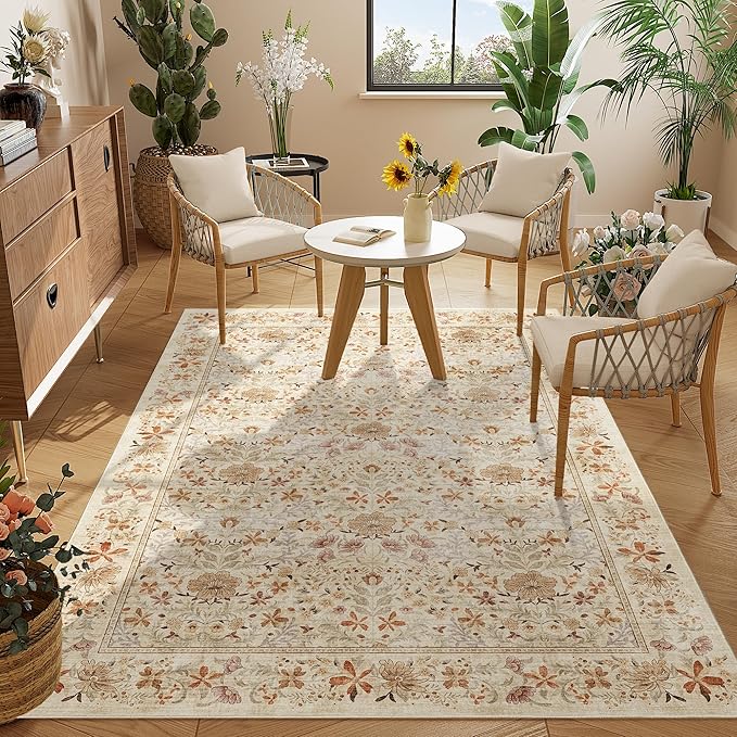 DUKINO 4x6 Rugs for Living Room, Lightweight Non Slip Washable Rug with Low Pile Design, Vintage Floral Non-Shedding Soft Carpet for Living Room, Bedroom, Farmhouse, Office, Bathroom, Beige