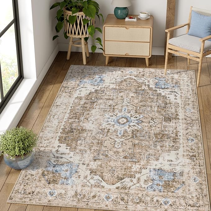 jinchan Kelda Area Rug 4x6 Washable Bedroom Rug Vintage Soft Indoor Floor Cover Retro Distressed Mat Accent Lightweight Non-Slip Thin Carpet for Kitchen Bathroom Living Room Brick Red