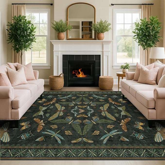 6x8 Dark Green Washable Dining Room Rug - Vintage Area Rug for Living Room, Bedroom Under Bed Low Pile & Soft, Insect Moth Floral Non Slip Low Pile Floor Carpet