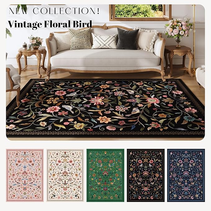 Vintage Medallion Floral Area Rugs 8x10 Clearance, Machine Washable Non-Slip, Low Pile Soft Large Carpet for Living Room, Bedroom, Dining Room, Farmhouse, Kids Playroom, Office | Black