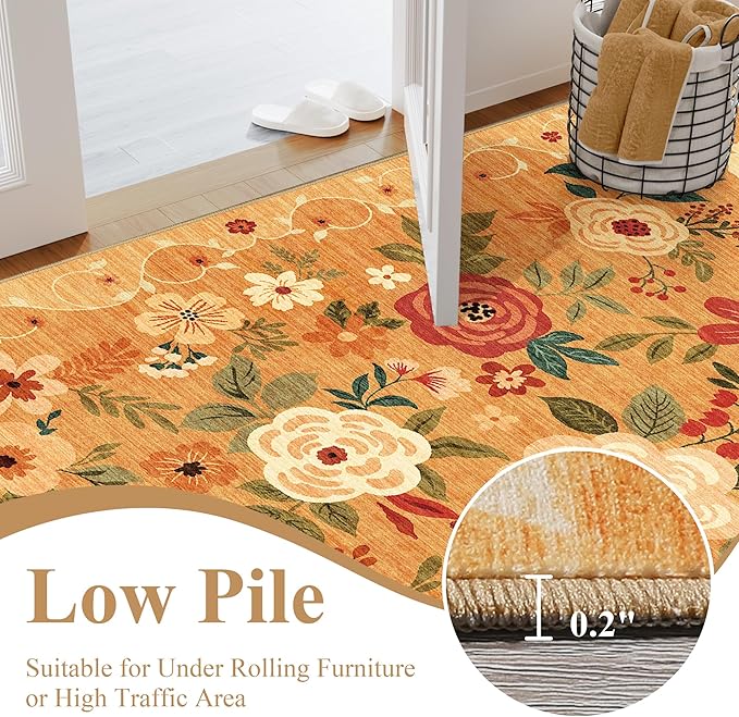 DUKINO Runner Rug, 2.6x8 Kitchen Rug for Hallway with Non Slip Backing, Washable Low Pile Soft Boho Floral Runner Carpet for Hallway, Kitchen, Entryway, Laundry, Bedroom, Orange