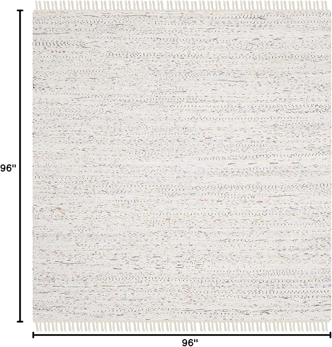 SAFAVIEH Rag Rug Collection Area Rug - 8' Square, Ivory & Multi, Handmade Boho Stripe Cotton, Ideal for High Traffic Areas in Living Room, Bedroom (RAR121G)