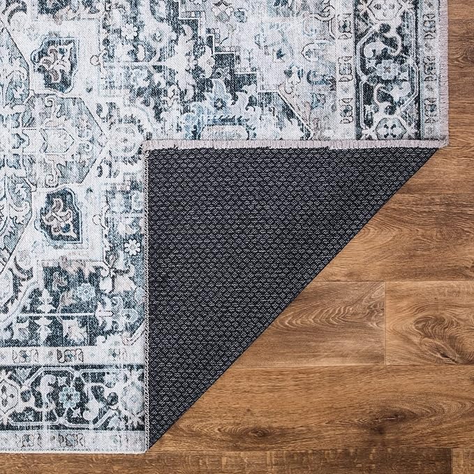 Bloom Rugs Caria Washable Non-Slip 9x12 Rug - Denim Blue Traditional Area Rug for Living Room, Bedroom, Dining Room, and Kitchen - Exact Size: 9' x 12'