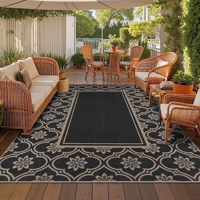Moroccan Floral Easy Jute Rug 8x10 Outdoor Rug Washable Area Rugs for Living Room Bedroom Non Slip Neutral Farmhouse Indoor Outdoor Carpet for Backyard Patio Office