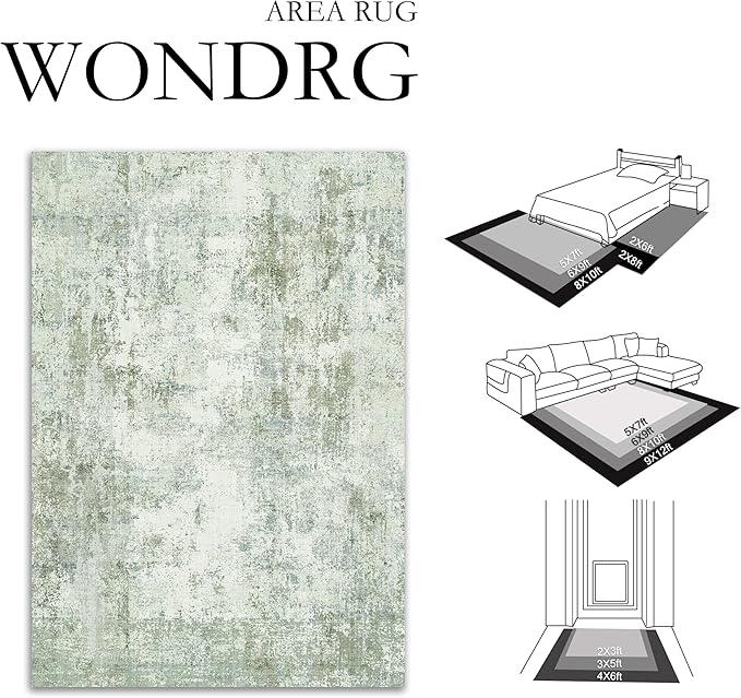 9x12 Washable Area Rug Sage Green Abstract Living Room Bedroom Carpet Neutral Modern Non-Slip Soft Low Pile Lightweight Vacuumable Large Throw Rug for Dining Room