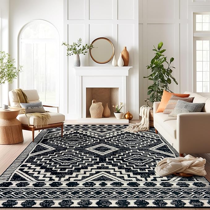 Rugshop Southwestern Black and White Tribal Area Rug – Geometric Diamond Pattern Carpet for Living Room, Bedroom, or Entryway – Boho Rustic Soft Floor Decor 7' 10" x 10' Black