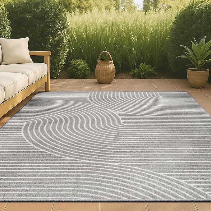 JONATHAN Y Hallie High-Low Curve Gray/Ivory Indoor/Outdoor Area Rug, 10x14, Minimalist, Pet Friendly, Non-Shedding, Stain Resistant, Hose-Washable for Backyard, Patio, Porch (SCN100A-14)