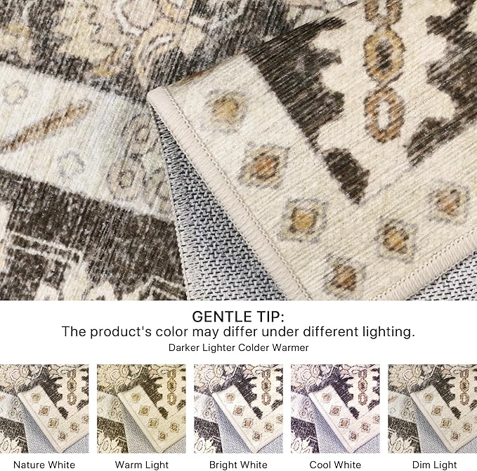 8x10 Area Rug Machine Washable Boho Rug for Living Room,Ultra-Thin Low Pile Carpet,Lightweight Indoor Printed Rug,Non Slip Floral Area Rug for Bedroom, Dining Room, Home Office,Brown