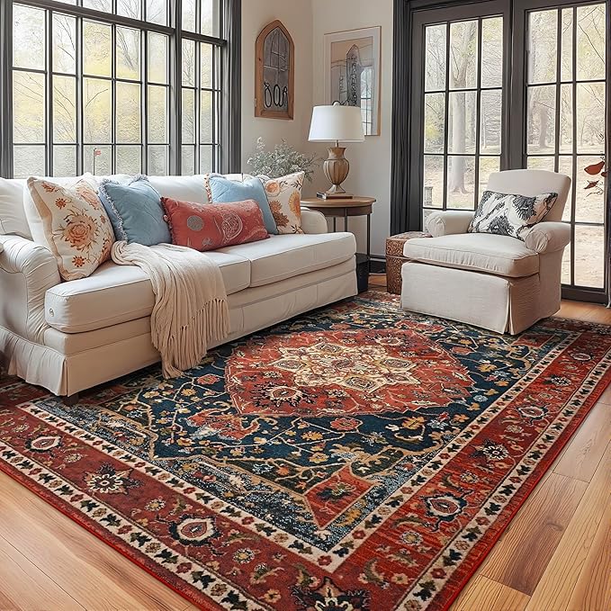 YJ.GWL Area Rugs for Living Room 4x6 Machine Washable Rugs for Bedroom, Non Slip Floral Vintage Rug Indoor Carpet, Stain Resistant Throw Rug for Dining Room Kitchen, Orange-Red