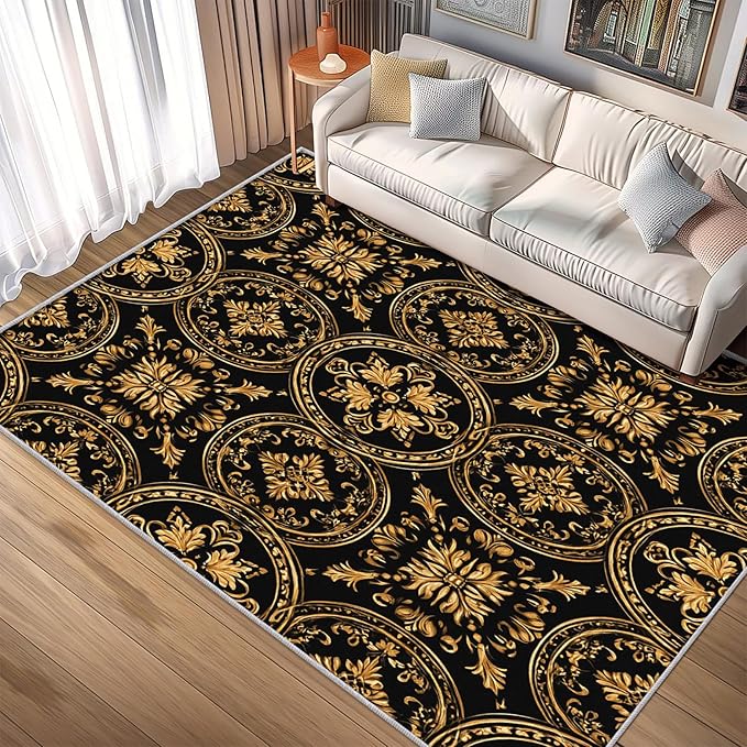 Black Gold Baroque Rug, Washable 5x6 Rug for Living Room, Floral Geometric Patterned Indoor Carpet, Black Gold Baroque Decor for Home, Bedroom, Soft Non Slip Thin Design FER67