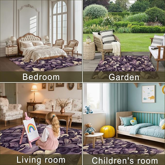 Purple Luxury Floral Texture Rug for Living Room 5x7, Low Pile Non-Slip Backing, Machine Washable Easy Fold Rug for Home, Office, Dorm Room