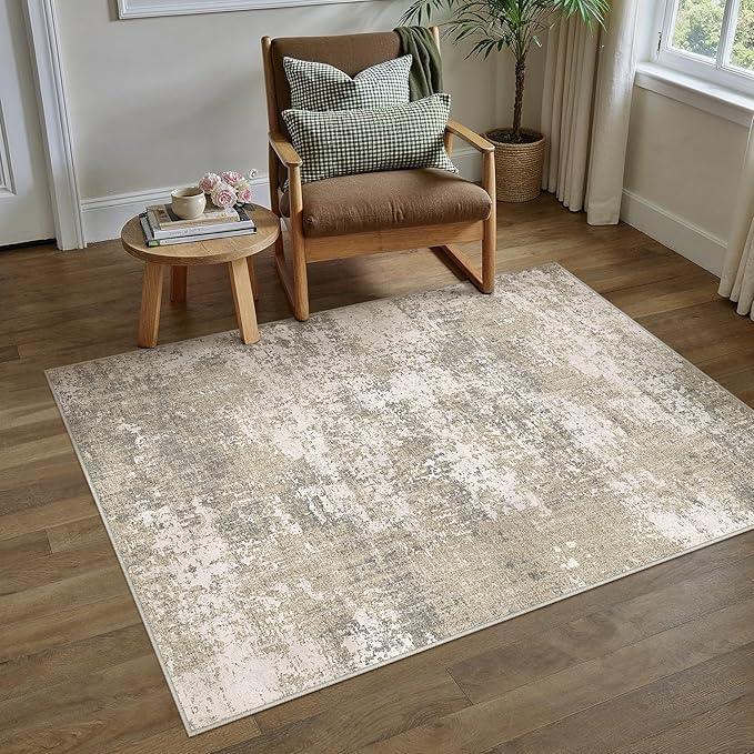 Beige Area Rug 3x5 Machine Washable Modern Abstract Office Carpet Neutral Non Slip Indoor Entry Low Pile Soft Non Shedding Small Mat Bedroom Throw Rug for Kitchen Laundry Dining Room