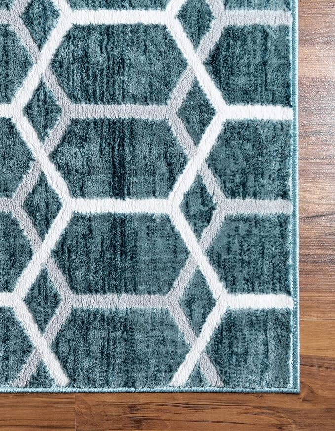 Rugs.com Lattice Trellis Collection Rug – 6 Ft Runner Blue Low-Pile Rug Perfect for Hallways, Entryways