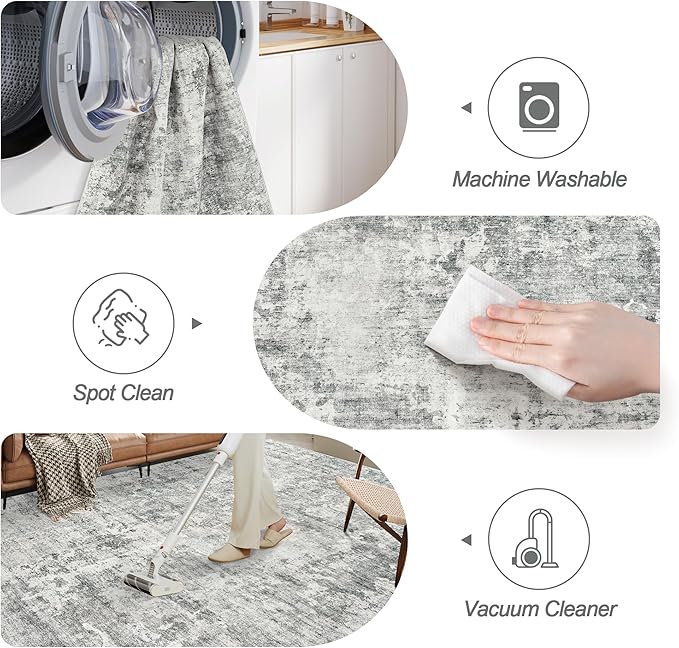 Abstract Rug 8x10 Large Living Room Rugs Neutral Modern Washable Area Rugs for Bedroom Dining Room Non-Slip Stain Resistant Foldable Thin Rug Gray White