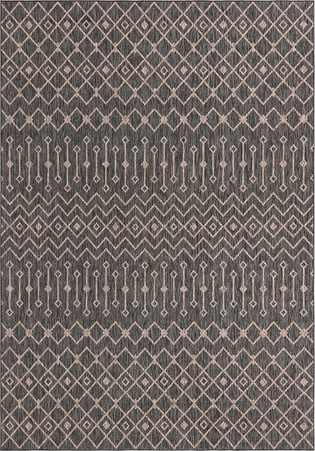 Unique Loom Outdoor Trellis Collection Area Rug - Tribal Trellis (10' x 14' 1" Rectangle, Charcoal Gray/ Natural)