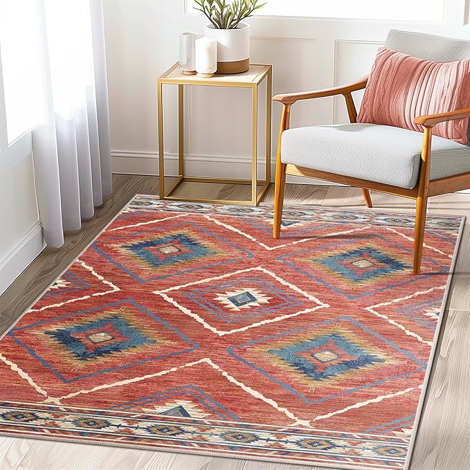 Area Rug 8x8 Rug Machine Washable Non-Slip Low Pile Print Pattern Western Rug for Living Room Bedroom Entryway Tribal Series -Red/Orange