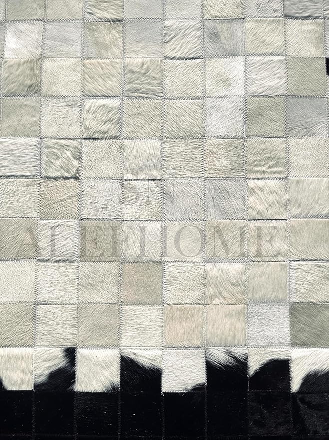 Round Geometric Patchwork Cowhide Leather Area Rug | Washable Non-Slip Carpet for Living Room, Bedroom & Home Décor(8x8 ft_White & Black)
