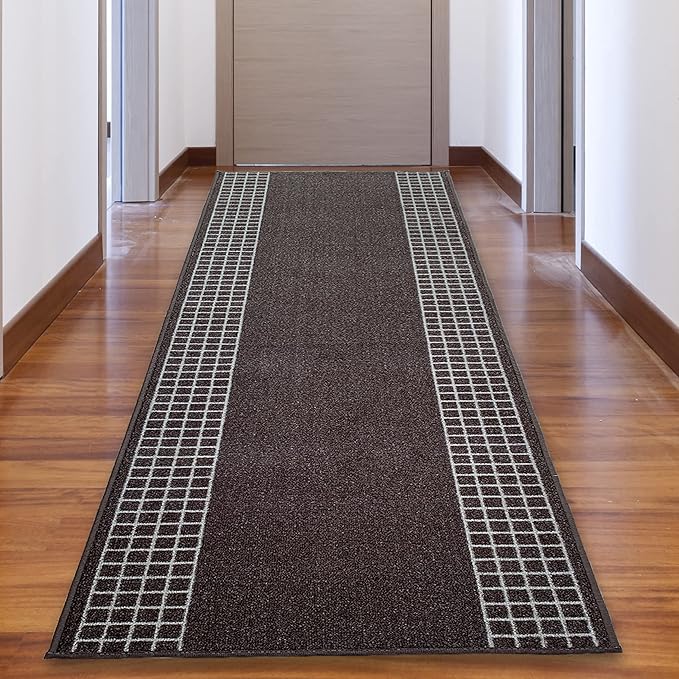 Custom Made Runner Rug for Kitchen Foyer Hallway Entry Choose Your Length 31 Inch Wide Geometric Checkered Design Brown Color (17 feet x 31 Inch)