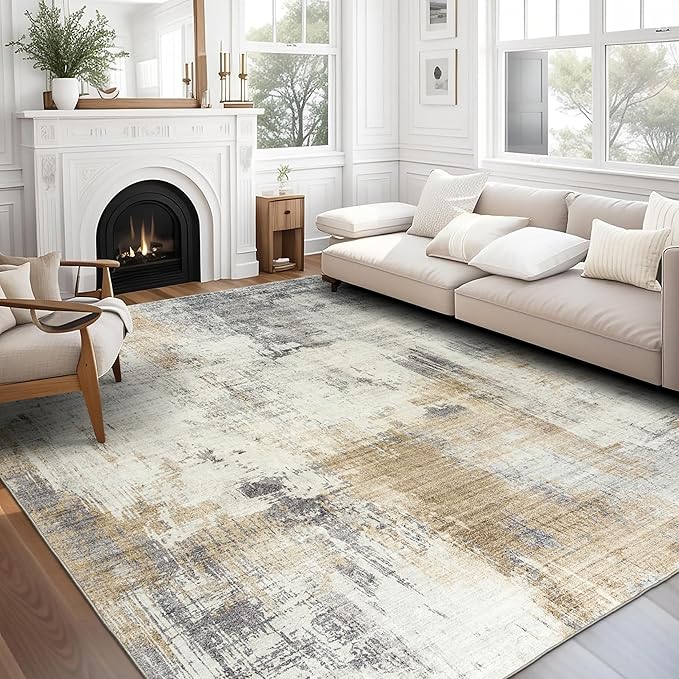 ReaLife Rugs Machine Washable Area Rug - Living Room Bedroom Bathroom Kitchen Entryway Office - Padded Low Pile Stain Resistant Premium - Modern Abstract Contemporary - Quinn - Beige 7'6" x 9'6"