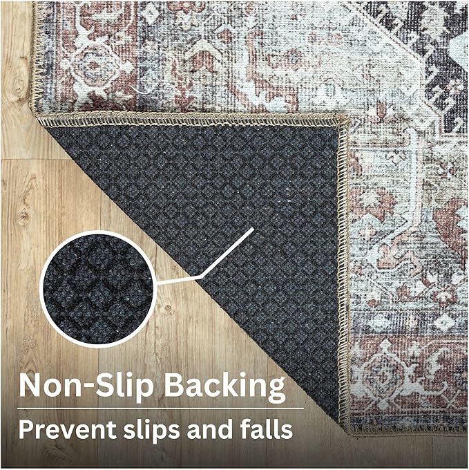 Bloom Rugs Washable Non-Slip 4' x 6' Rug - Charcoal/Brown Traditional Medallion Area Rug for Living Room, Bedroom, Dining Room, and Kitchen - Exact Size: 4' x 6'