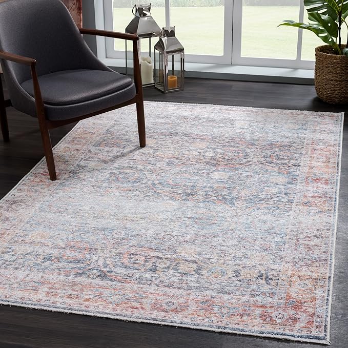 Bloom Rugs Caria Washable Non-Slip 5x7 Rug - Ocean Blue/Brick Traditional Area Rug for Living Room, Bedroom, Dining Room, and Kitchen - Exact Size: 5' x 7'