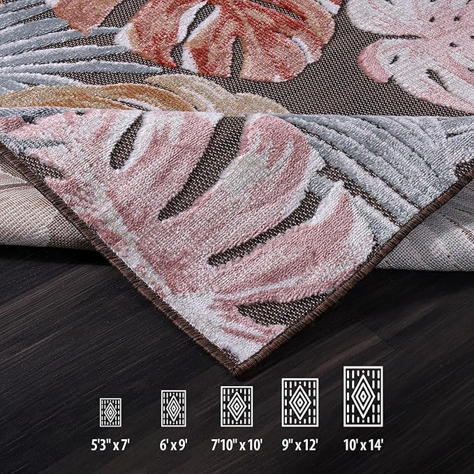 CAMILSON Indoor Outdoor Rug, Brown 10’x14’ Leaf Tropical Botanical Area Rugs for Indoor and Outdoor patios, Easy-Cleaning Non-Shedding Living Room, Garden and Kitchen Washable Outside Carpet (10x14)