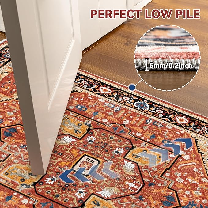 EnHomee 4x6 Washable Area Rugs for Bedroom, Boho Vintage Rugs, Foldable Area Rug for Dining Room, Non-Slip Soft Living Room Rug, Low Pile Large Carpet for Bathroom, Red