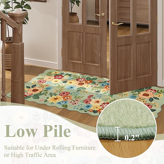 DUKINO 2.6x8 Runner Rug for Hallway, Washable Kitchen Rug with Non Slip Backing & Non-Shediing, Soft Low Pile Floral Design Runner for Bedroom, Kithchen, Living Room, Laundry, Bathroom, Green