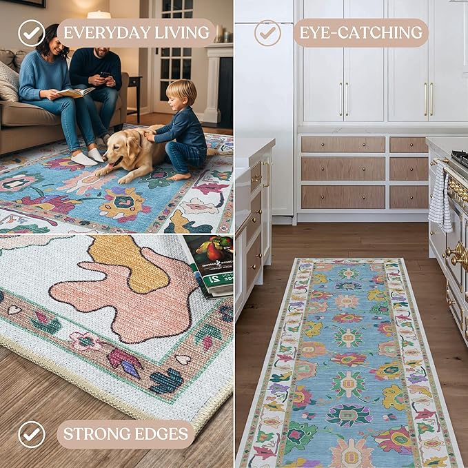 Fame Living Colorful Oushak Rug, Modern Small Rugs, Vintage, Turkish, Eclectic, Floral, Pastel, Washable, Door Mat, Doormat for Indoor Entrance, Entryway, Kitchen, Bathroom, Bedroom, Laundry, 2'x3'