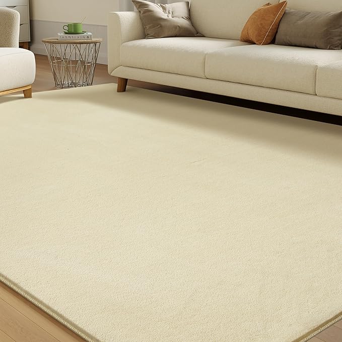 Solid Washable Area Rug - 10x14 Medium Pile Faux Cashmere Carpet for Living Room Bedroom, Light Yellow