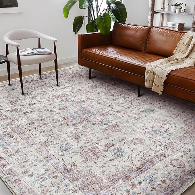 Washable Area Rug 9'x12' Retro Boho Design Non-Shedding Easy Care Ideal for High Traffic Areas in Living Room Bedroom Office Coffee Table Kitchen Large Carpet